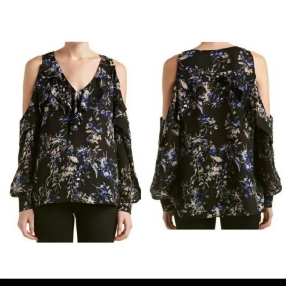 Parker Marjorie black and floral cold shoulder ruffle blouse
